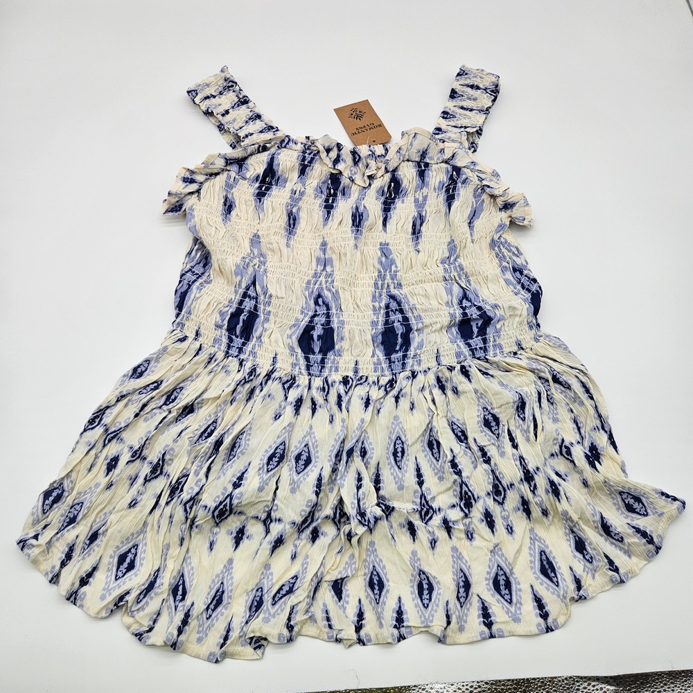 Romantic Gypsy Geometric Printed Ruffle Tiered Dress‎ Ivory Blue 1X